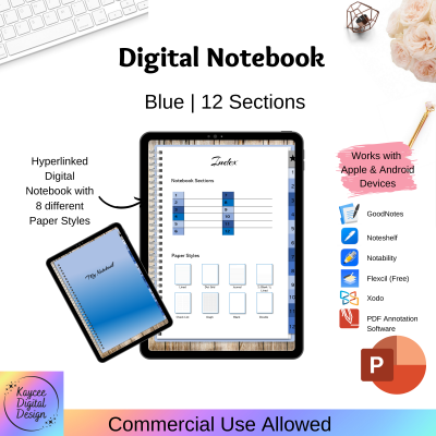 Blue 12 Section Digital Notebook w/ 8 Paper Styles